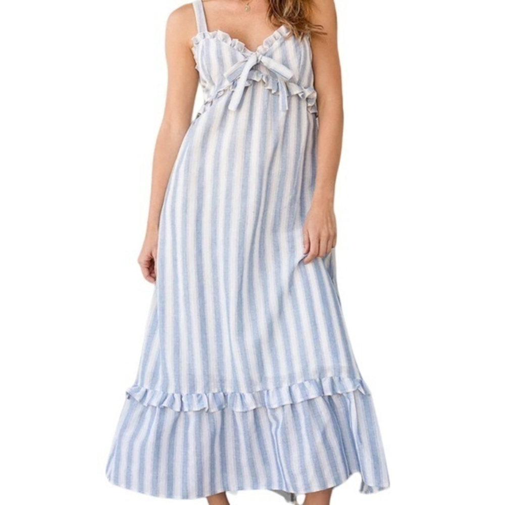 Lulu’s Women’s Pier for You Blue and White Striped Ruffled Midi Dress Size Large